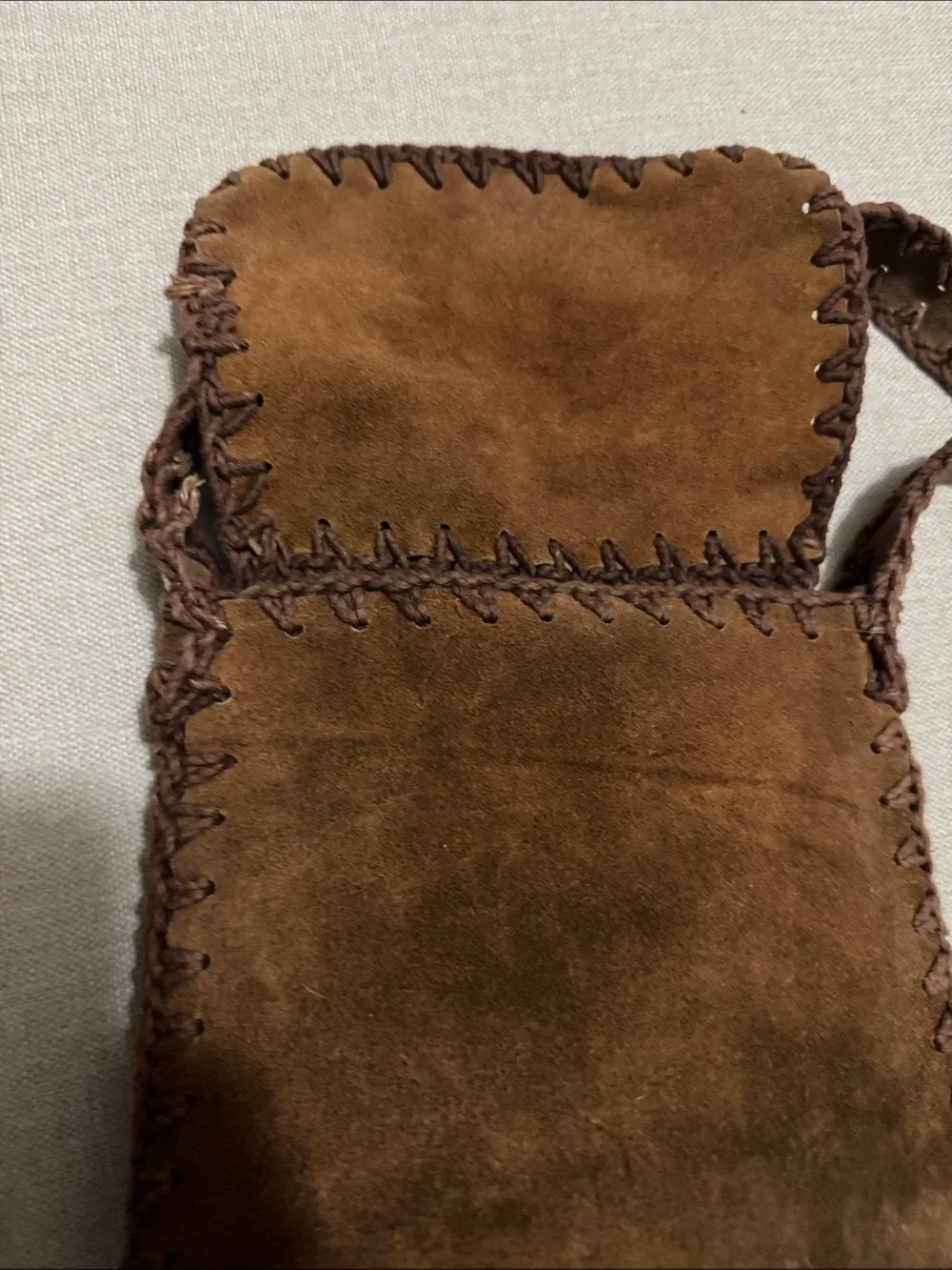 Gorgeous Vintage Suede Bag-Shoulder Carry-Brown-Whip Stitch Detail-Flap Closure